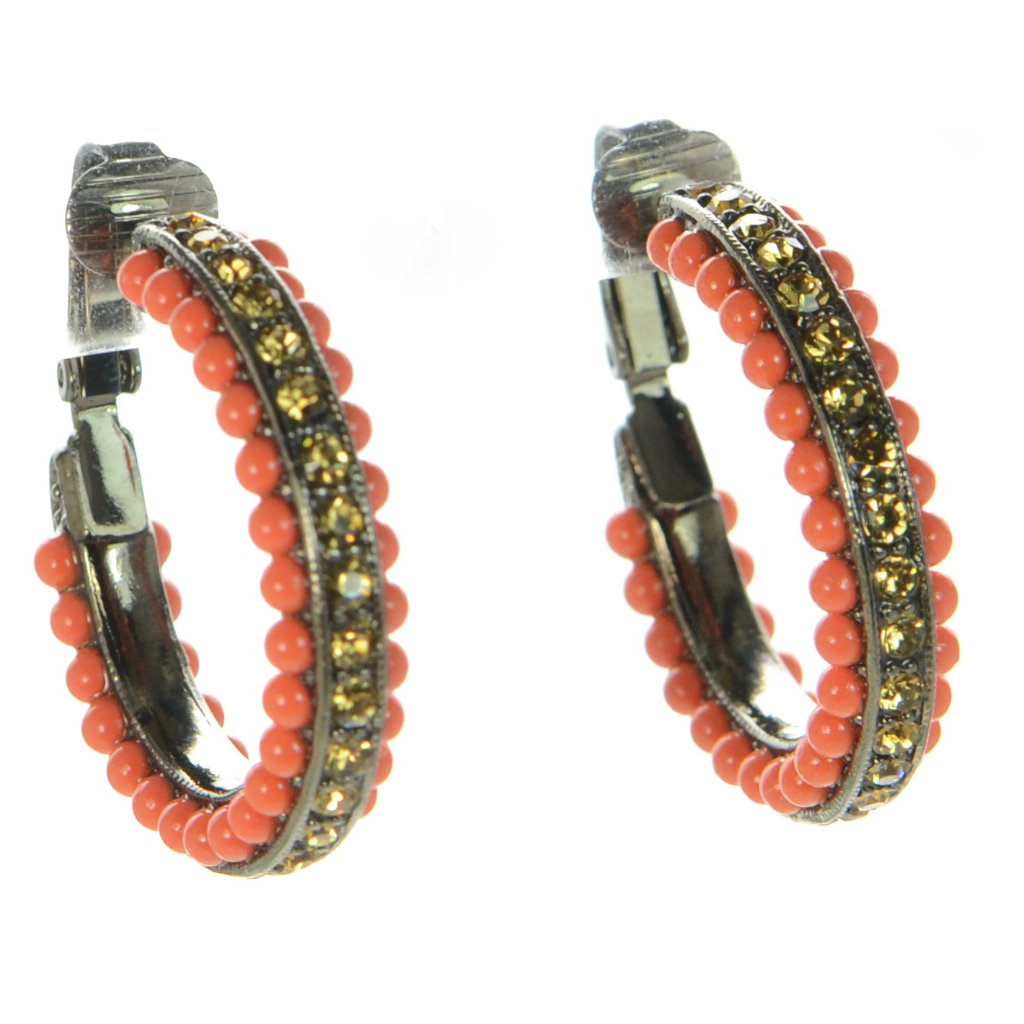 Vintage Kenneth Jay Lane Kjl Coral Crystal Hoop Clip Earrings 125$